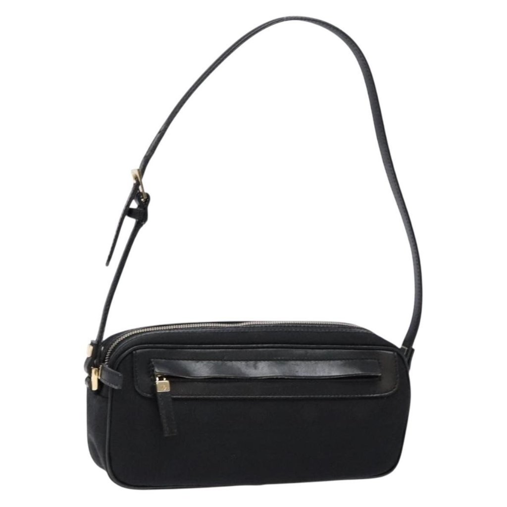 Authentic Salvatore Ferragamo Gancini Shoulder Bag Canvas Leather Black Gold